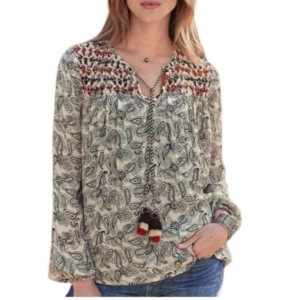 Sundance XL Paisley Peasant Blouse Smocked Tassel Tie Long Sleeve Cream Black